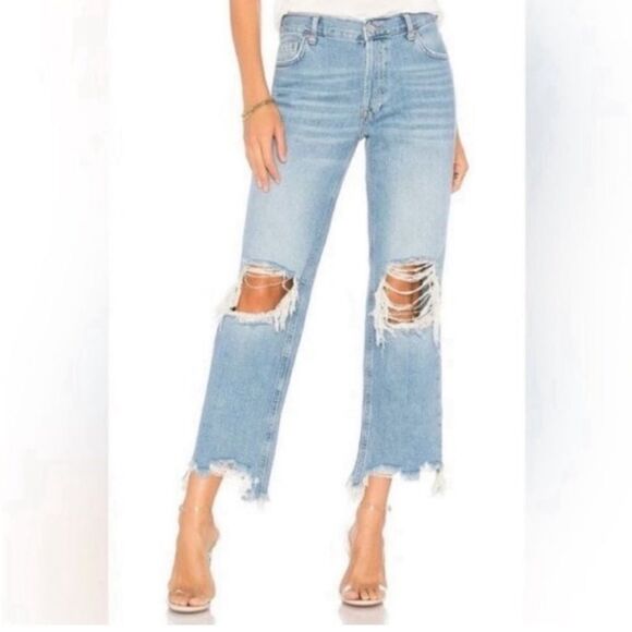 NWT Free People We The Free Maggie Denim Distressed Straight Leg Jeans- Size 24 - Picture 1 of 12